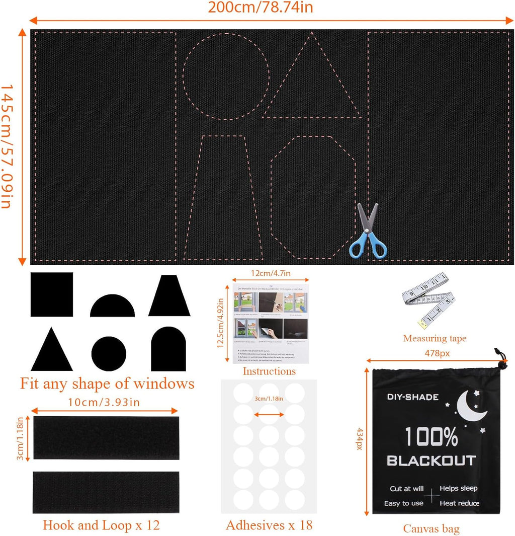 Blackout Blinds Stick On, 420D Oxford Fabric 100% Blackout Curtain for Window 200 X 145CM, Portable Blackout Shades Film for Bedroom, Cut to Any Size, Nursery Blackout Blinds for Baby Travel Temporary