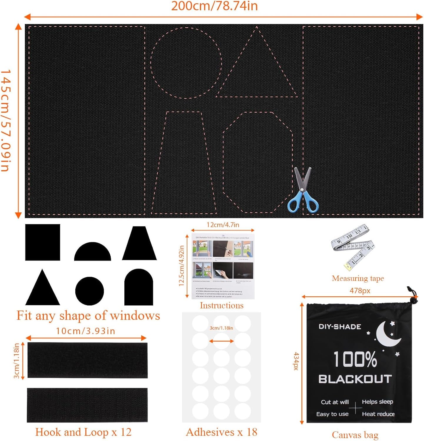 Blackout Blinds Stick On, 420D Oxford Fabric 100% Blackout Curtain for Window 200 X 145CM, Portable Blackout Shades Film for Bedroom, Cut to Any Size, Nursery Blackout Blinds for Baby Travel Temporary