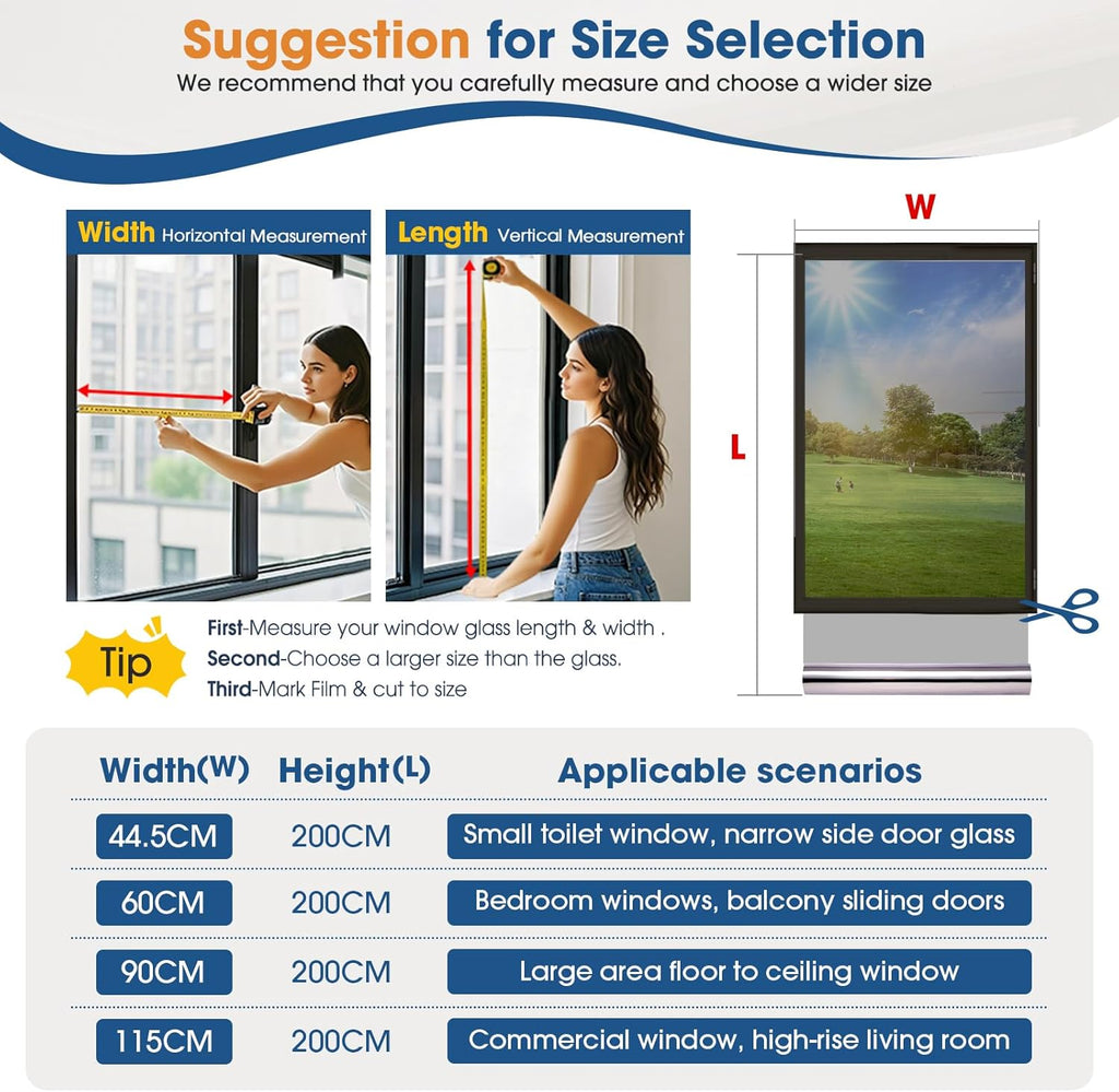 Reflective One Way Window Film Privacy: Mirror Heat Control Sun Blocker Window Tint Film, UV Protection anti Glare, No Glue Clear Daytime Privacy for Home Office (Silver, 44.5 * 200Cm)
