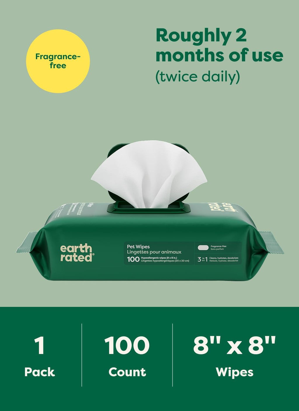 Pet Wipes for Dogs, Hypoallergenic, Cleaning and Hydrating, for Grooming Paws, Body and Bums, Unscented, 100 Count