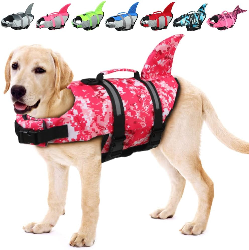 Dog Life Jacket Shark, Dog Life Vests for Small, Middle, Large Dogs with Rescue Handle Dogs Flotation Vest Safety Lifesaver for Swimming Pool Beach Boating, (S,Pink)