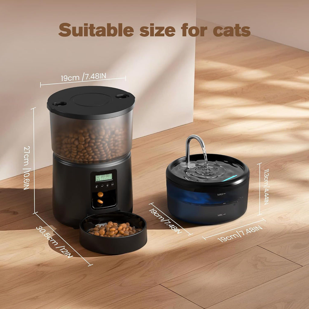 Automatic Cat Feeder and Water Fountain: Cat Food Dispenser with Timer and Pet Drinking Fountain Indoor, 3L Pet Feeder for Dry Food &2.4L Faucet Water Fountain Black, Auto Dog Bowl Programmable 6 Meal