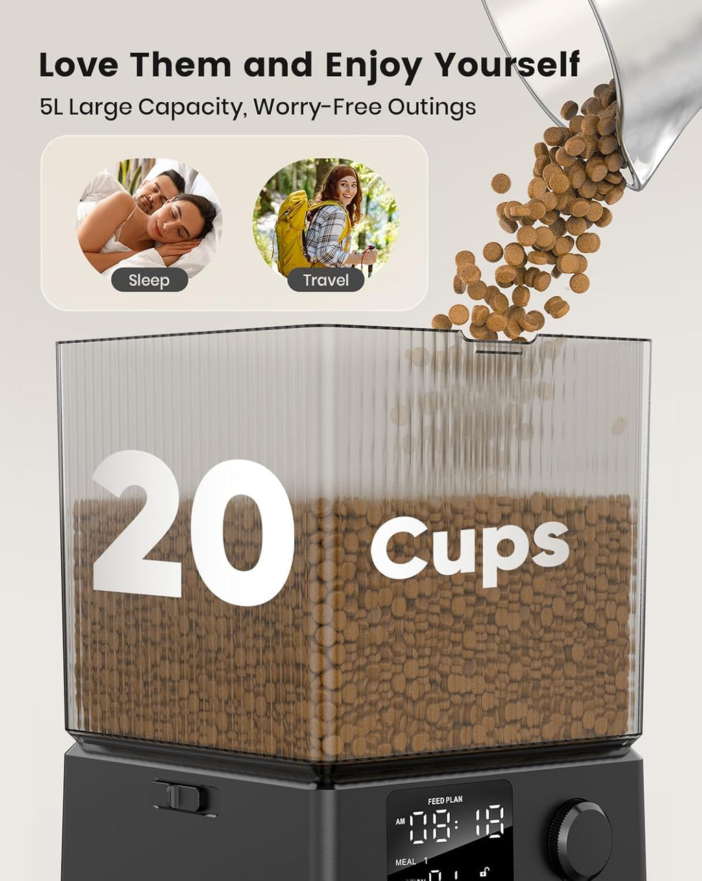 5L Automatic Cat Feeder with Timer for 2 Cats, Knob Model Automatic Feeders for Cats Dogs, Dry Food Cat Food Dispenser Auto 10S Voice Recordings