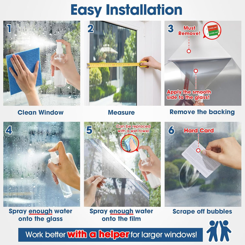 Reflective One Way Window Film Privacy: Mirror Heat Control Sun Blocker Window Tint Film, UV Protection anti Glare, No Glue Clear Daytime Privacy for Home Office (Silver, 44.5 * 200Cm)