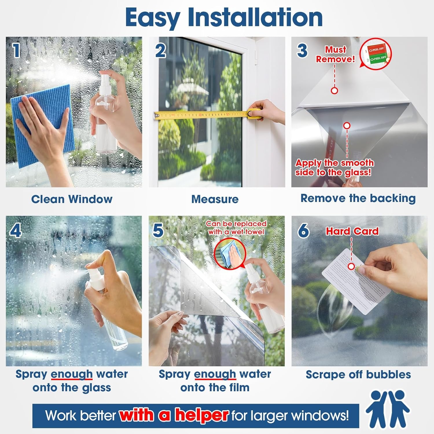 Reflective One Way Window Film Privacy: Mirror Heat Control Sun Blocker Window Tint Film, UV Protection anti Glare, No Glue Clear Daytime Privacy for Home Office (Silver, 44.5 * 200Cm)
