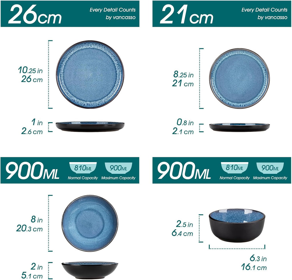  Vancasso Playa Series 24-Piece Dinner Set, Stoneware Plates and Bowls Set for 6, Mediterranean Style Crockery Set in Vibrant Blue, Playa Series Dinner Service Set, Dishwasher & Microwave Safe