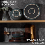 Joyfair Dinner Set, 12 Pieces Stoneware Dinnerware Set Service for 4, Reactive Glaze Irregular Shape Plates and Bowls, Chip & Scratch Resistant, Microwave & Dishwasher Safe, Blackish Green