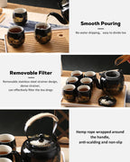 Japanese Tea Set, Black Porcelain Tea Set with 1 Teapot Set, 6 Tea Cups, 1 Tea Tray, 1 Stainless Infuser, Beautiful Asian Tea Set for Tea Lover/Women/Men (Countryside in Golden)