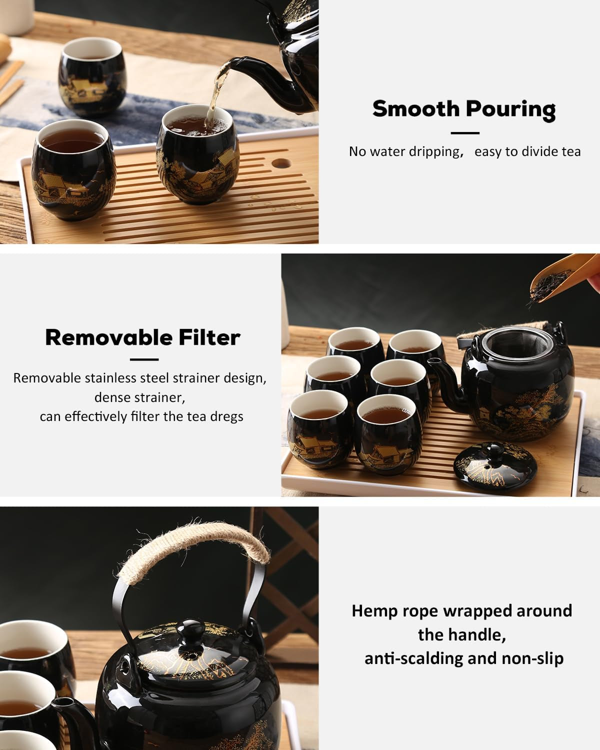 Japanese Tea Set, Black Porcelain Tea Set with 1 Teapot Set, 6 Tea Cups, 1 Tea Tray, 1 Stainless Infuser, Beautiful Asian Tea Set for Tea Lover/Women/Men (Countryside in Golden)