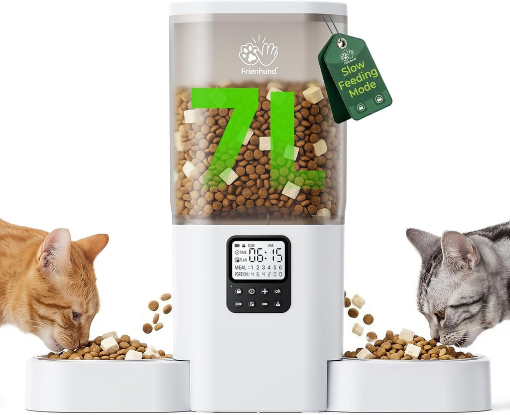 Timed Automatic Cat Feeder for 2 Cats: Cat Food Dispenser with Slow Feed, Dual Pet Feeder with Timer & Information Visualization, Double Auto Cat Feeder for Multiple Pets, Easy Clean - 7L