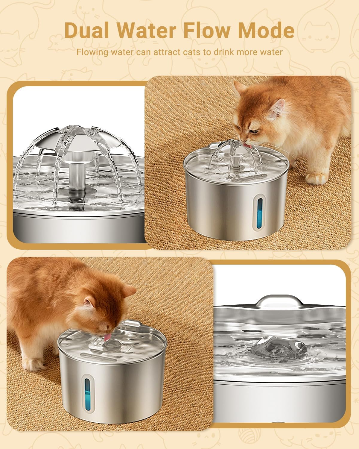 Cat Water Fountain for Drinking - 74Oz/2.2L Cat Fountain Stainless Steel Flower Style, Silent Automatic Wired Pet Water Fountain Triple-Filter Water Fountain Cat Bowl 3 Filters 3 Sponges
