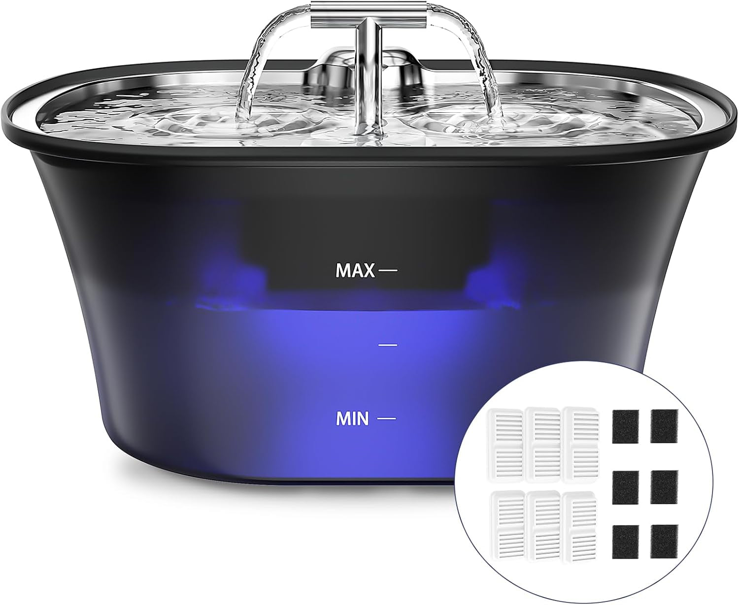 Cat Water Fountain for Drinking - 74Oz/2.2L Cat Fountain Stainless Steel Flower Style, Silent Automatic Wired Pet Water Fountain Triple-Filter Water Fountain Cat Bowl 3 Filters 3 Sponges