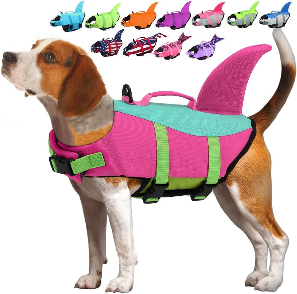 Dog Life Jacket Shark, Dog Life Vests for Small, Middle, Large Dogs with Rescue Handle Dogs Flotation Vest Safety Lifesaver for Swimming Pool Beach Boating, (S,Pink)