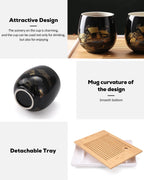 Japanese Tea Set, Black Porcelain Tea Set with 1 Teapot Set, 6 Tea Cups, 1 Tea Tray, 1 Stainless Infuser, Beautiful Asian Tea Set for Tea Lover/Women/Men (Countryside in Golden)