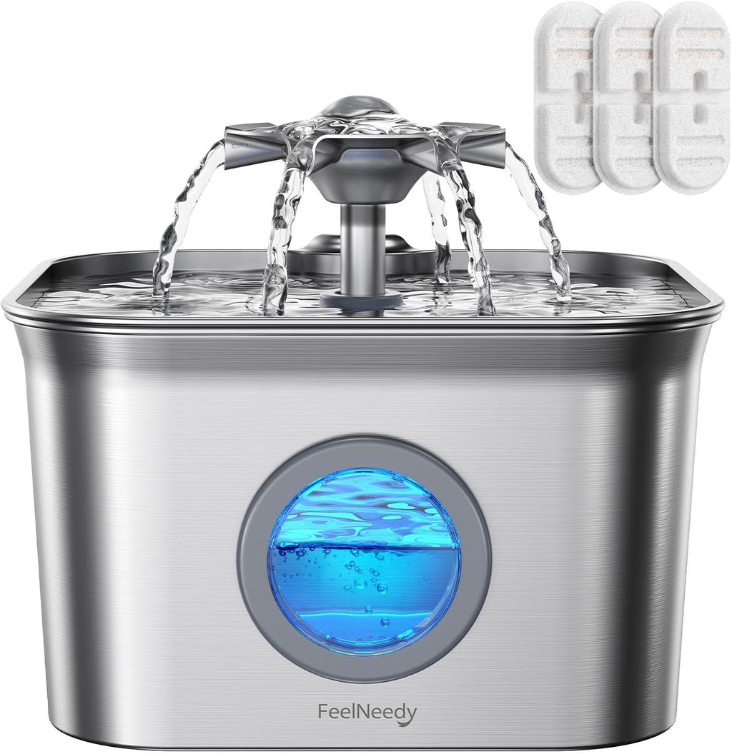 2.8L Cat Water Fountain for Drinking,  Stainless Steel Cat Fountain with 3 Pack Filters, Water Fountain C-At Bowl, Visible Water Level, Dishwasher Safe