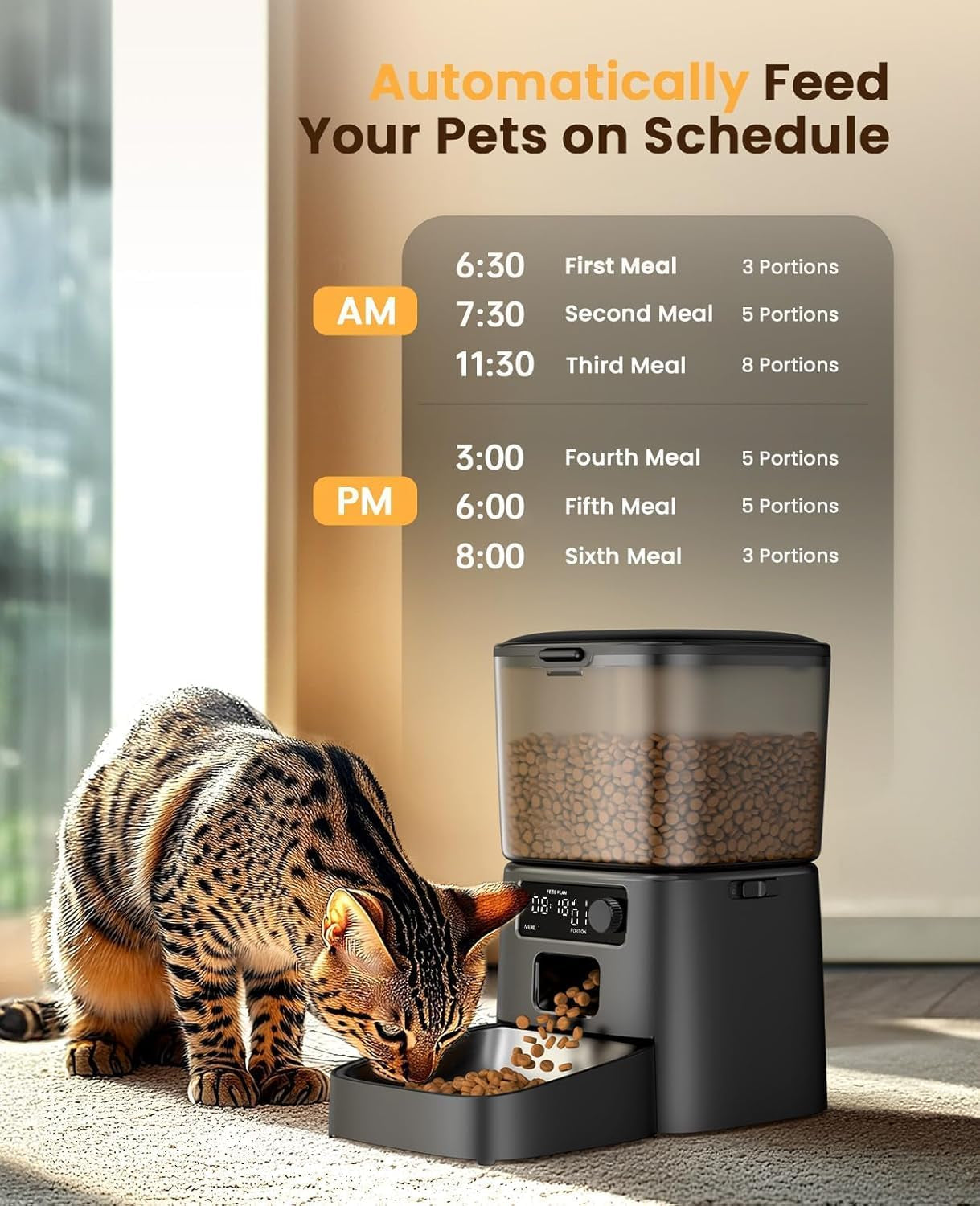 Automatic Cat Feeder with Stainless Steel Bowl, 3.5L Cat Feeder with Timer ,Pet Food Dispenser for 1-6 Meals a Day, Dry Food Auto Feeders for Cats Dogs