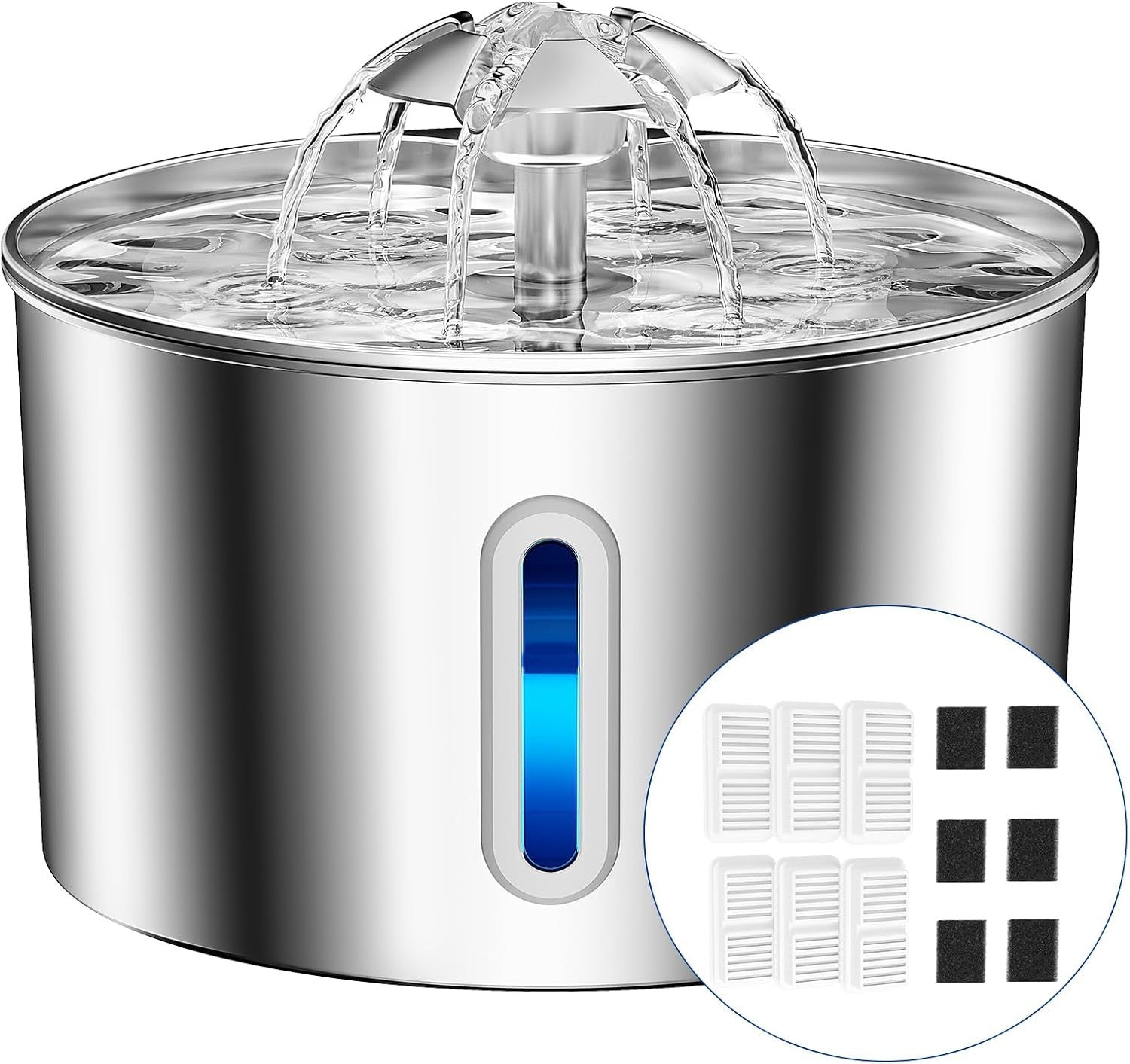 Cat Water Fountain for Drinking - 74Oz/2.2L Cat Fountain Stainless Steel Flower Style, Silent Automatic Wired Pet Water Fountain Triple-Filter Water Fountain Cat Bowl 3 Filters 3 Sponges