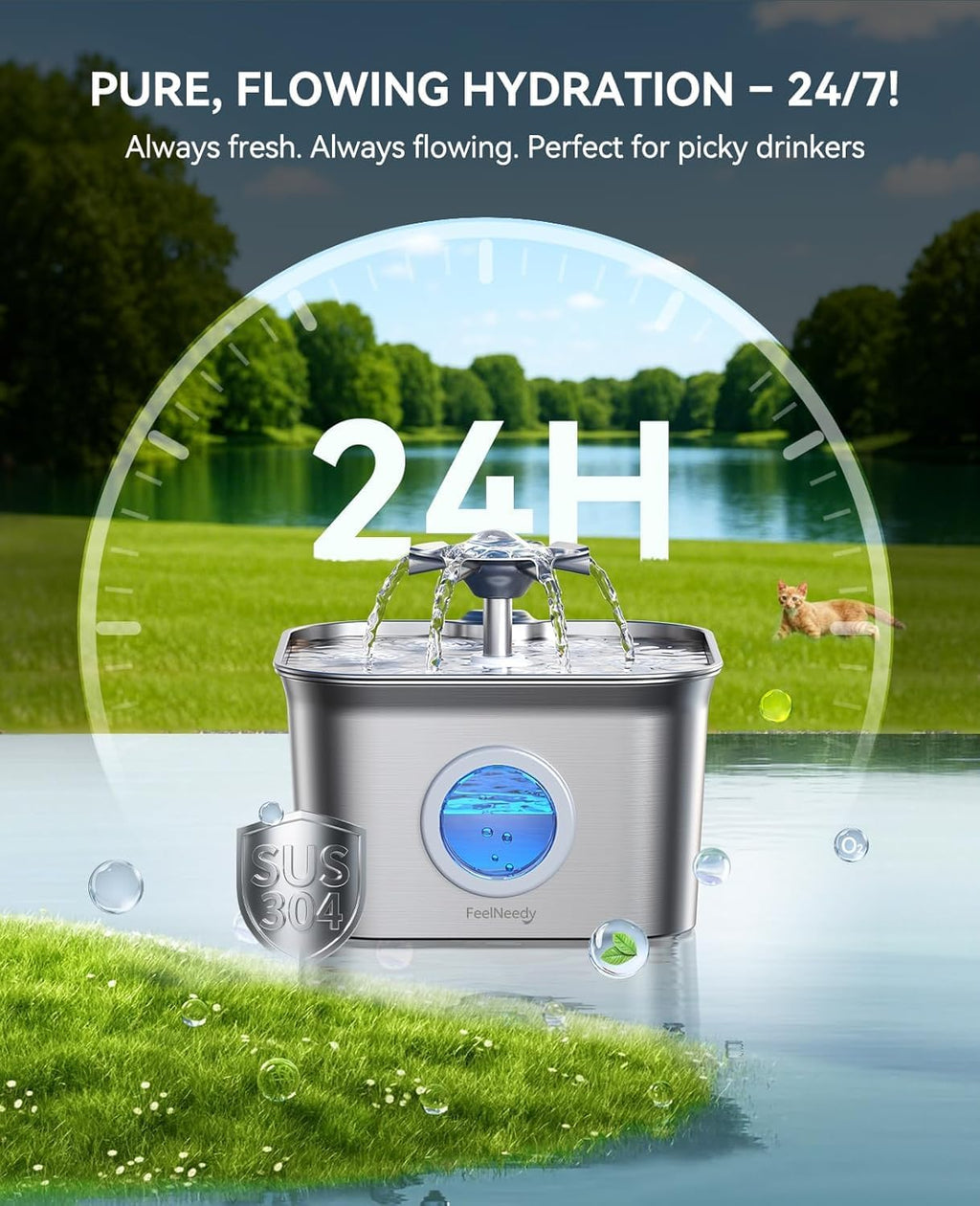 2.8L Cat Water Fountain for Drinking,  Stainless Steel Cat Fountain with 3 Pack Filters, Water Fountain C-At Bowl, Visible Water Level, Dishwasher Safe