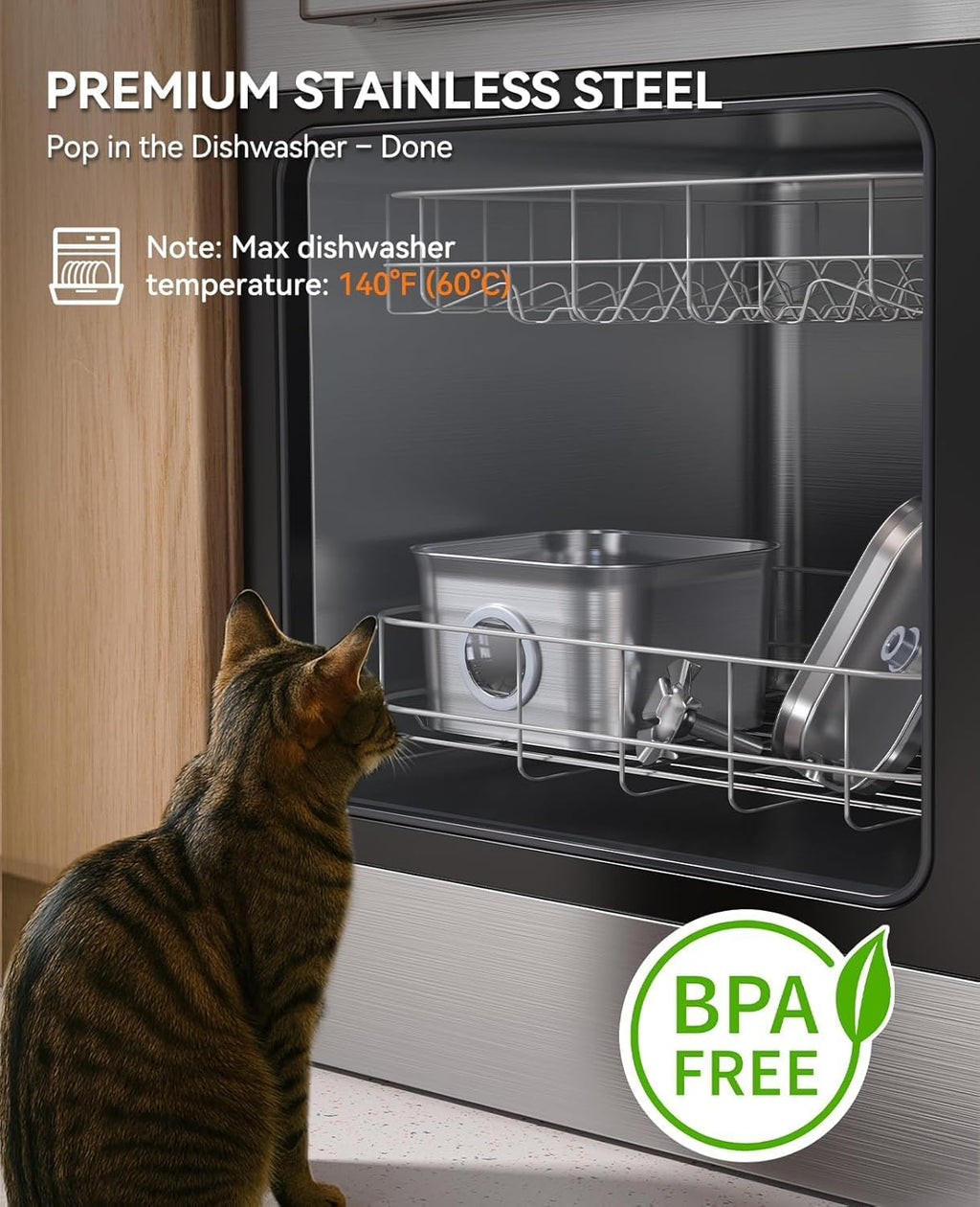 2.8L Cat Water Fountain for Drinking,  Stainless Steel Cat Fountain with 3 Pack Filters, Water Fountain C-At Bowl, Visible Water Level, Dishwasher Safe