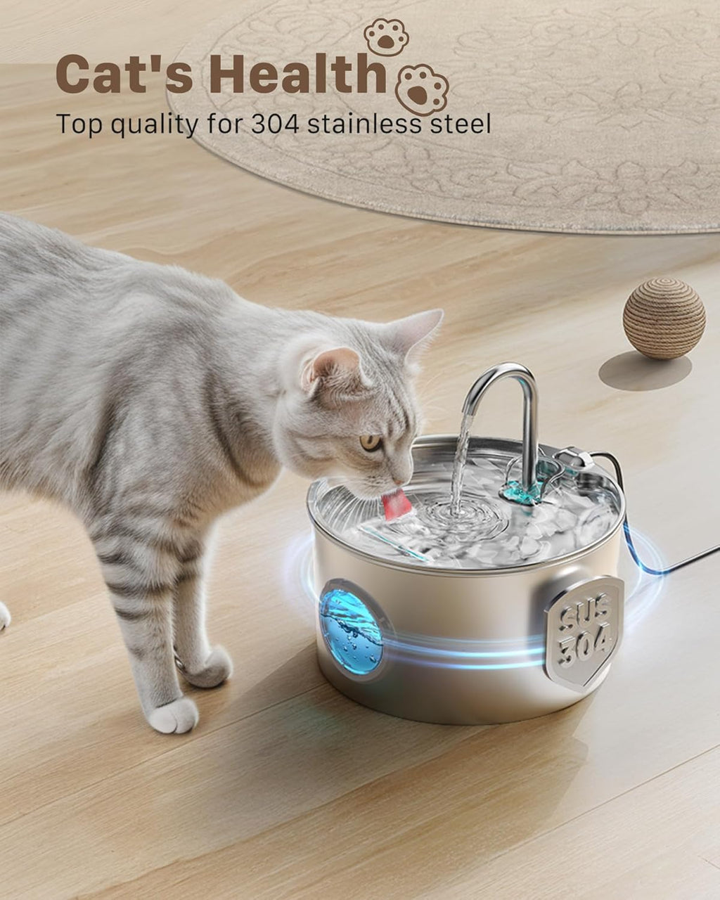 Cat Water Fountain for Drinking: Stainless Steel Cat Fountain - 2.2L Water Fountain Cat Bowl - Pet Water Fountain - Cat Drinking Fountain - Visible Water Level Cat Water Dispensers -