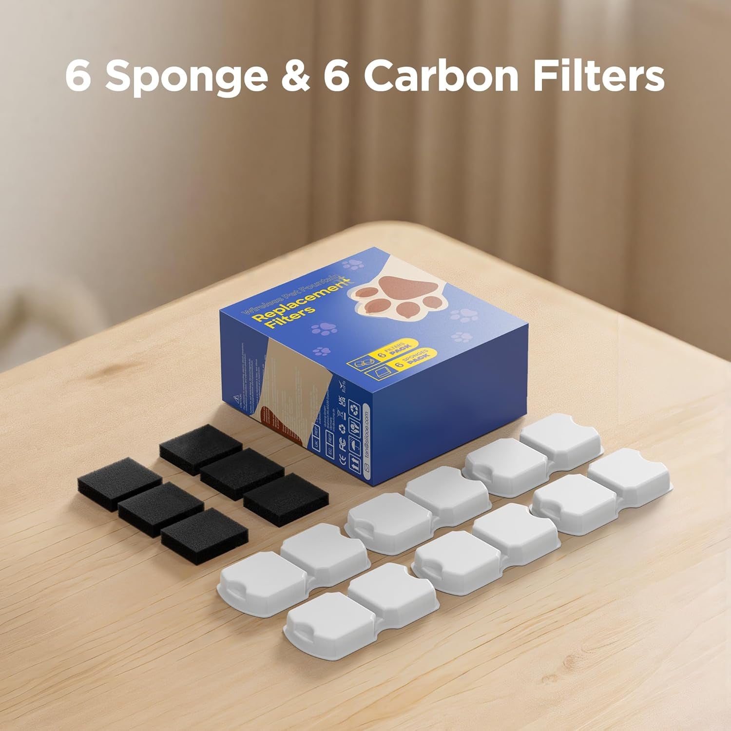 Stainless Steel Cat Water Fountain 12 Filters: Cat Fountain Filter - Pet Water Dispenser Filter - Pet Water Fountain Filter - 6 Carbon Filters + 6 Foam Filters - Multiple Filtration