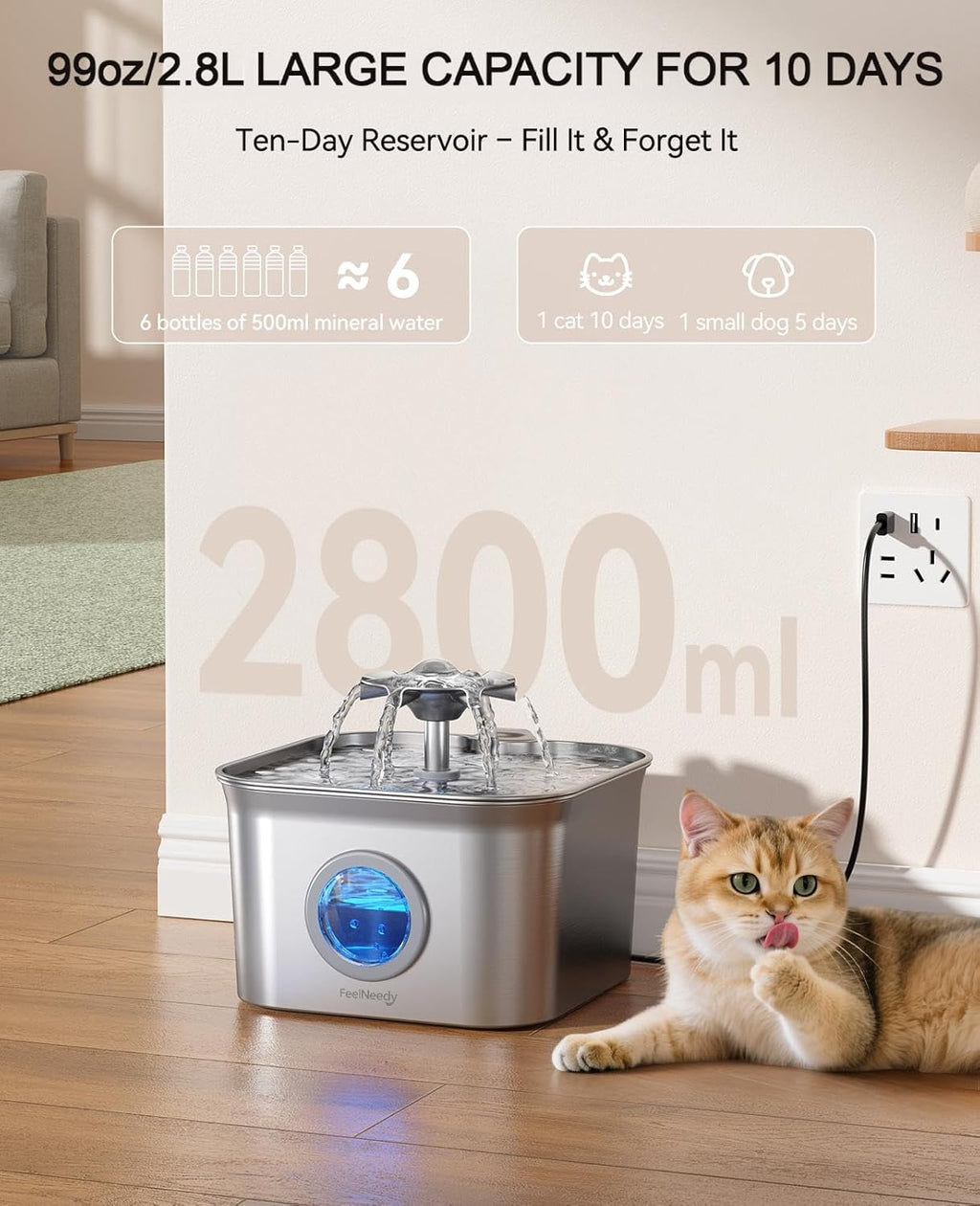 2.8L Cat Water Fountain for Drinking,  Stainless Steel Cat Fountain with 3 Pack Filters, Water Fountain C-At Bowl, Visible Water Level, Dishwasher Safe