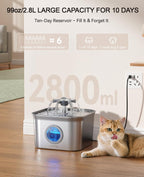 2.8L Cat Water Fountain for Drinking,  Stainless Steel Cat Fountain with 3 Pack Filters, Water Fountain C-At Bowl, Visible Water Level, Dishwasher Safe