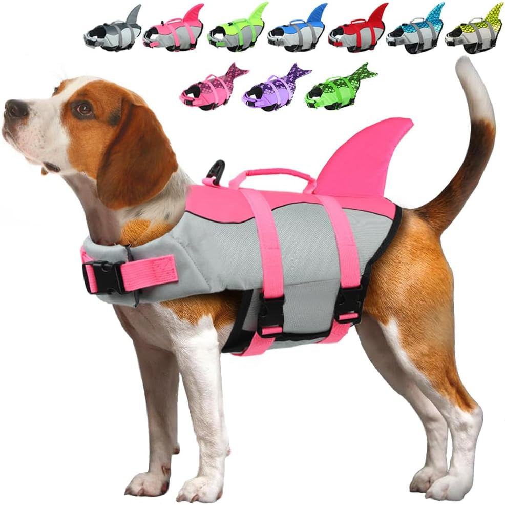 Dog Life Jacket Shark, Dog Life Vests for Small, Middle, Large Dogs with Rescue Handle Dogs Flotation Vest Safety Lifesaver for Swimming Pool Beach Boating, (S,Pink)