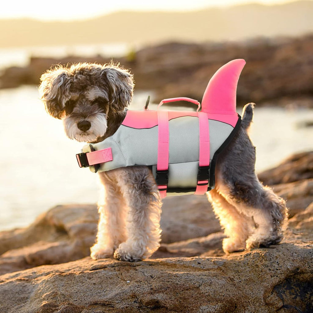 Dog Life Jacket Shark, Dog Life Vests for Small, Middle, Large Dogs with Rescue Handle Dogs Flotation Vest Safety Lifesaver for Swimming Pool Beach Boating, (S,Pink)