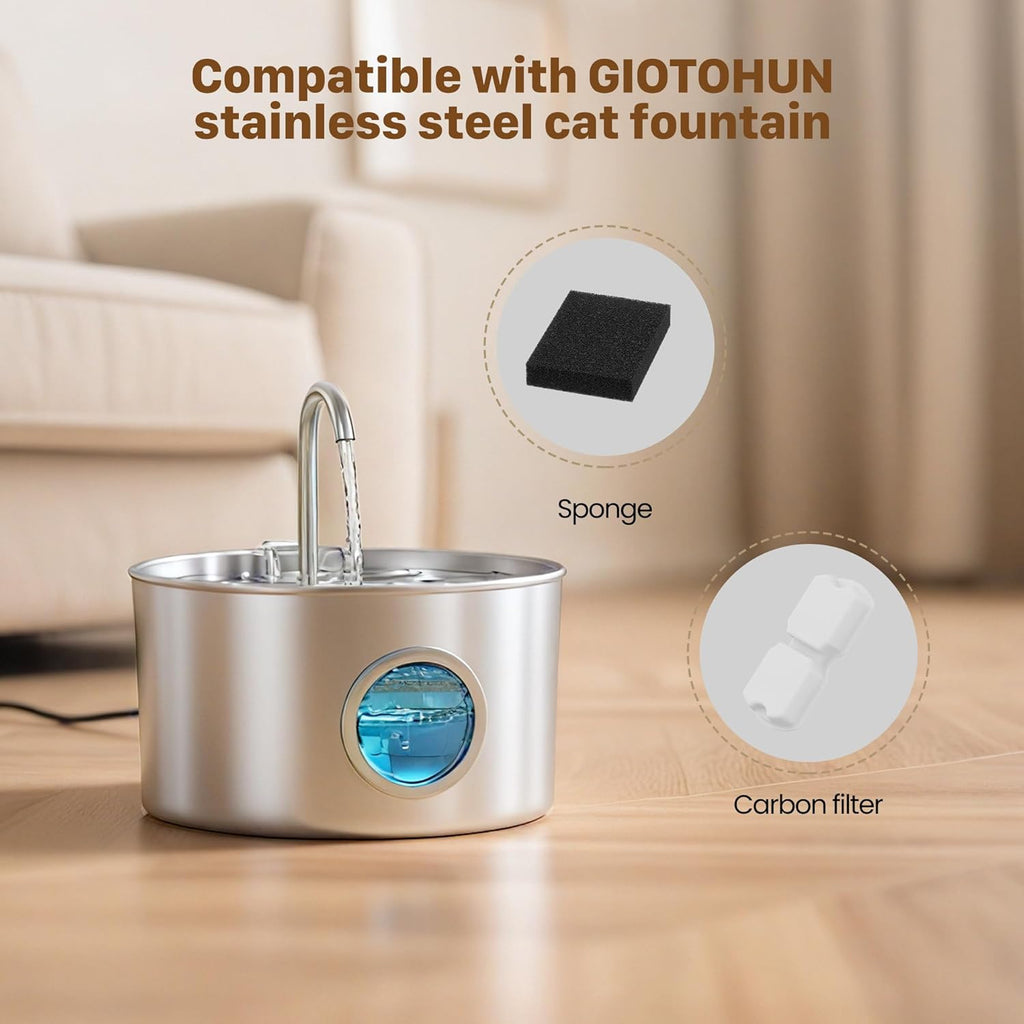 Stainless Steel Cat Water Fountain 12 Filters: Cat Fountain Filter - Pet Water Dispenser Filter - Pet Water Fountain Filter - 6 Carbon Filters + 6 Foam Filters - Multiple Filtration