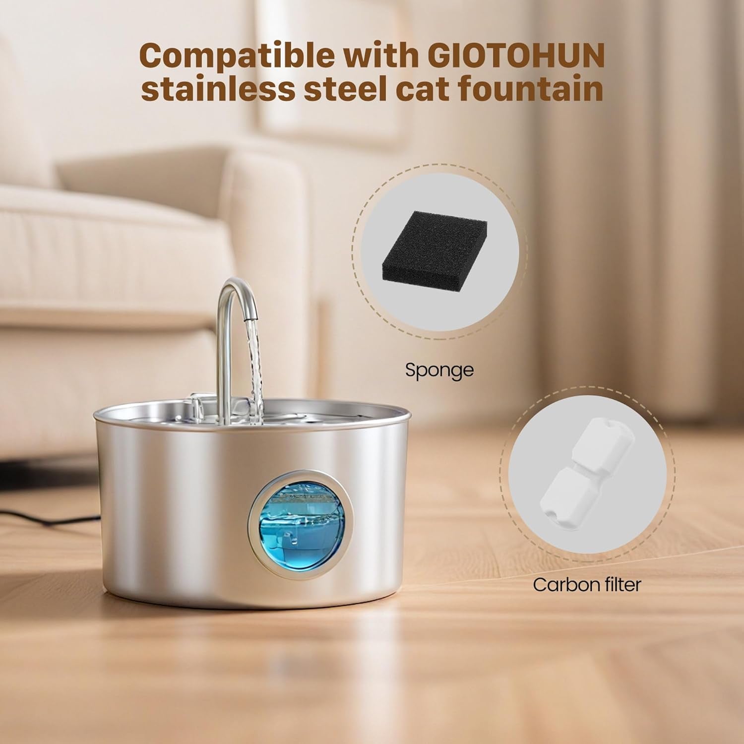 Stainless Steel Cat Water Fountain 12 Filters: Cat Fountain Filter - Pet Water Dispenser Filter - Pet Water Fountain Filter - 6 Carbon Filters + 6 Foam Filters - Multiple Filtration