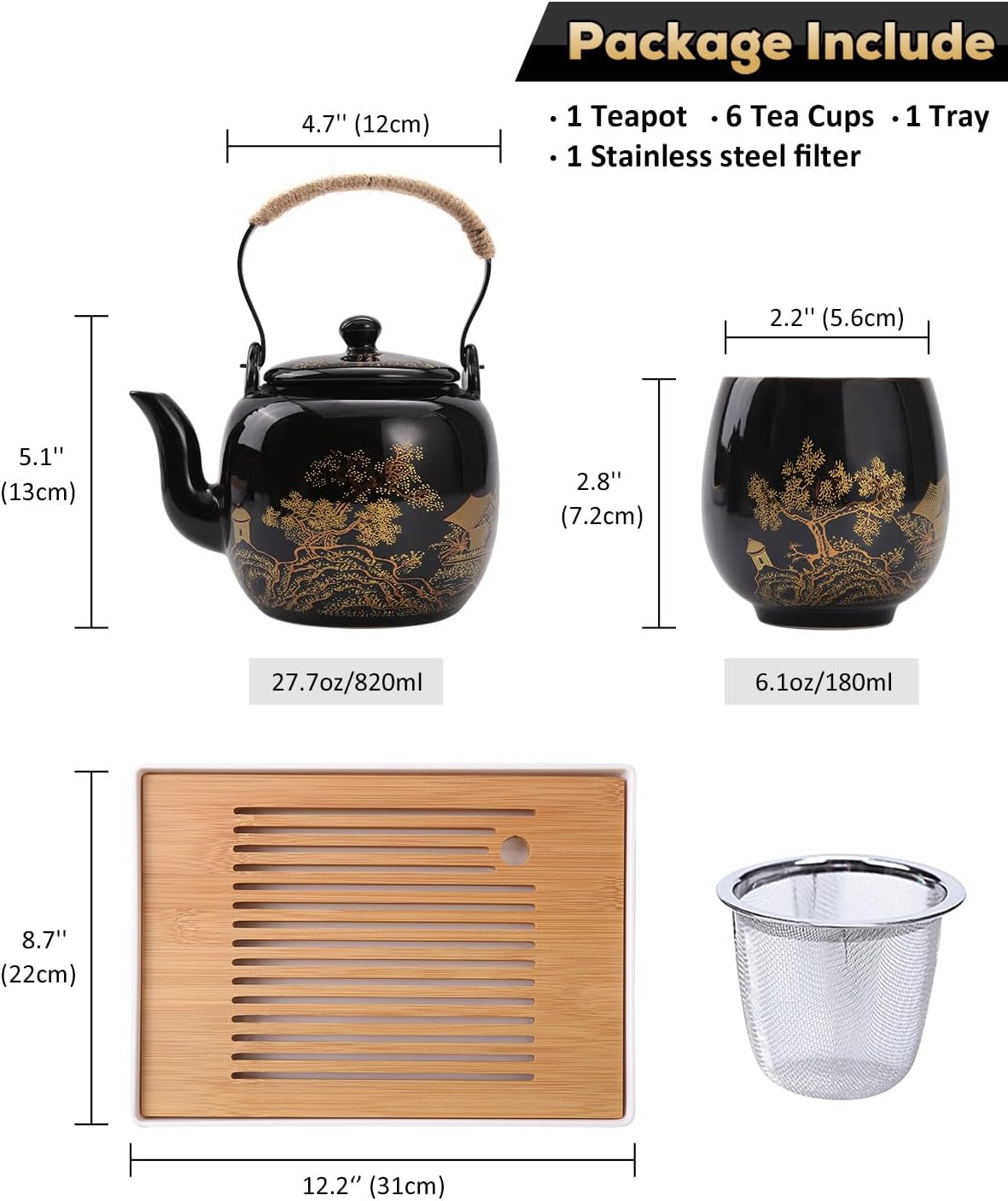 Japanese Tea Set, Black Porcelain Tea Set with 1 Teapot Set, 6 Tea Cups, 1 Tea Tray, 1 Stainless Infuser, Beautiful Asian Tea Set for Tea Lover/Women/Men (Countryside in Golden)