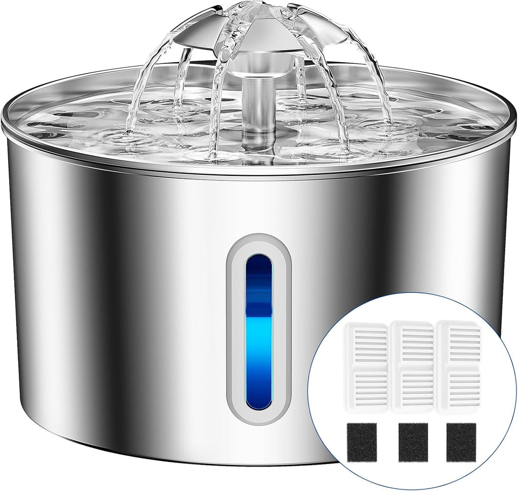 Cat Water Fountain for Drinking - 74Oz/2.2L Cat Fountain Stainless Steel Flower Style, Silent Automatic Wired Pet Water Fountain Triple-Filter Water Fountain Cat Bowl 3 Filters 3 Sponges