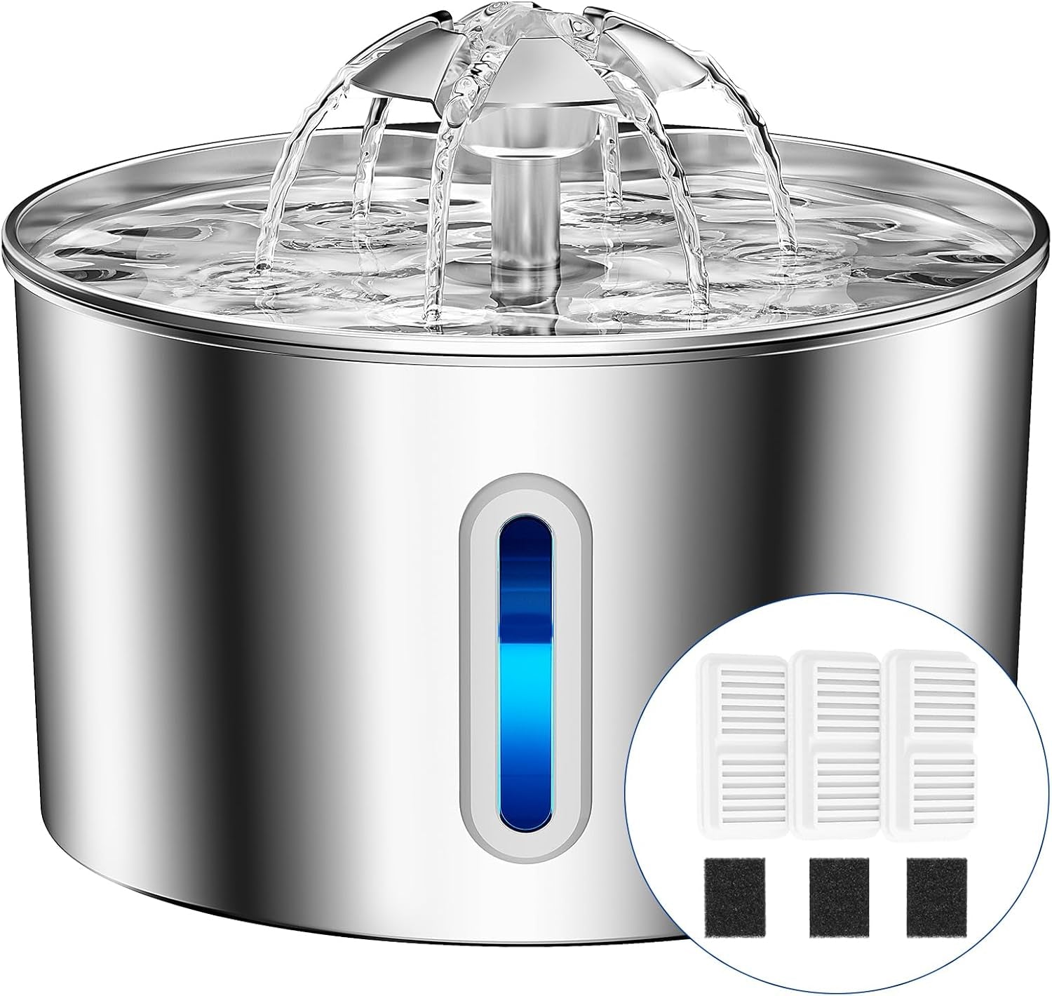 Cat Water Fountain for Drinking - 74Oz/2.2L Cat Fountain Stainless Steel Flower Style, Silent Automatic Wired Pet Water Fountain Triple-Filter Water Fountain Cat Bowl 3 Filters 3 Sponges