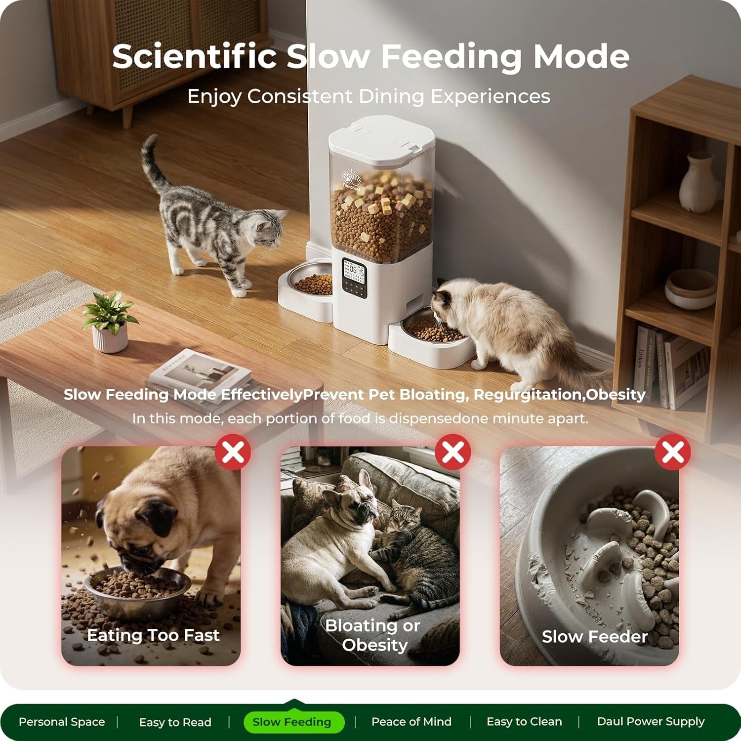 Timed Automatic Cat Feeder for 2 Cats: Cat Food Dispenser with Slow Feed, Dual Pet Feeder with Timer & Information Visualization, Double Auto Cat Feeder for Multiple Pets, Easy Clean - 7L