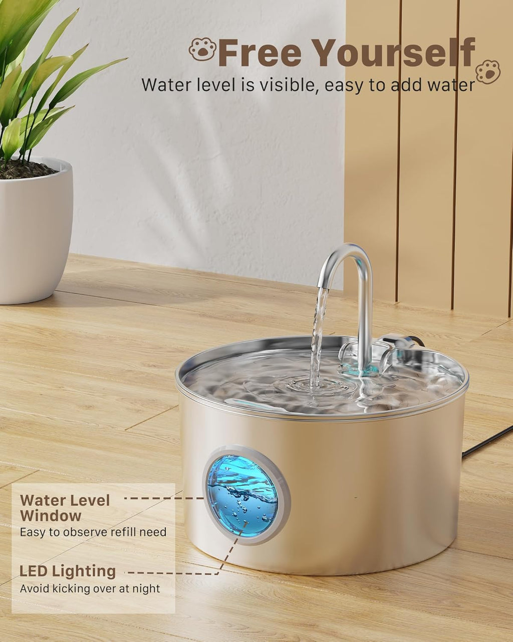 Cat Water Fountain for Drinking: Stainless Steel Cat Fountain - 2.2L Water Fountain Cat Bowl - Pet Water Fountain - Cat Drinking Fountain - Visible Water Level Cat Water Dispensers -