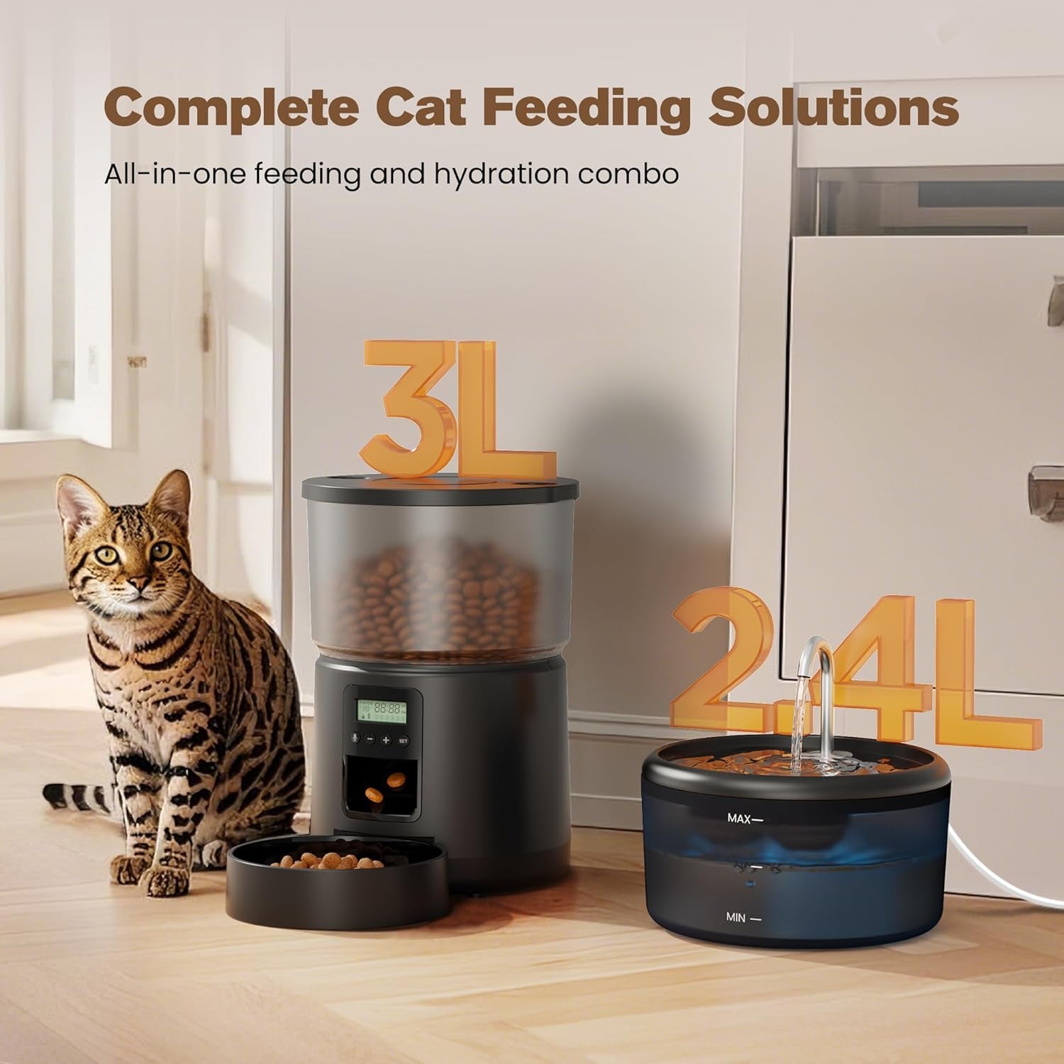 Automatic Cat Feeder and Water Fountain: Cat Food Dispenser with Timer and Pet Drinking Fountain Indoor, 3L Pet Feeder for Dry Food &2.4L Faucet Water Fountain Black, Auto Dog Bowl Programmable 6 Meal