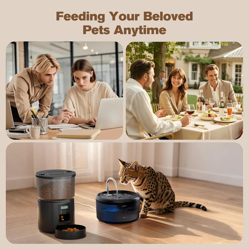 Automatic Cat Feeder and Water Fountain: Cat Food Dispenser with Timer and Pet Drinking Fountain Indoor, 3L Pet Feeder for Dry Food &2.4L Faucet Water Fountain Black, Auto Dog Bowl Programmable 6 Meal