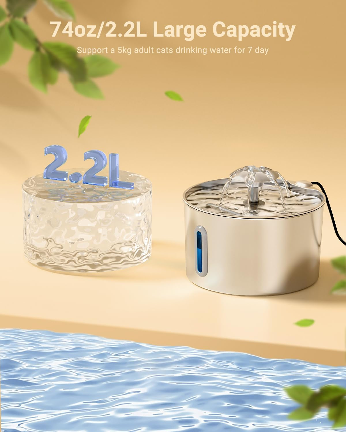 Cat Water Fountain for Drinking - 74Oz/2.2L Cat Fountain Stainless Steel Flower Style, Silent Automatic Wired Pet Water Fountain Triple-Filter Water Fountain Cat Bowl 3 Filters 3 Sponges