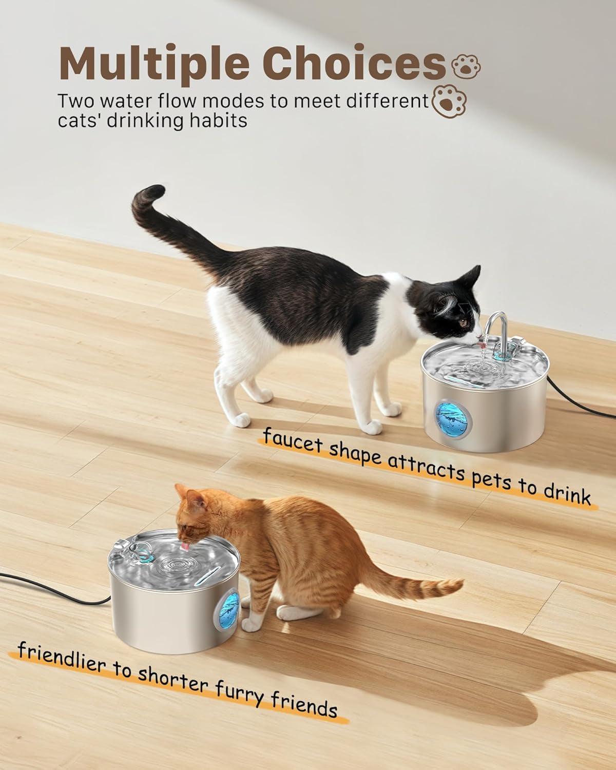 Cat Water Fountain for Drinking: Stainless Steel Cat Fountain - 2.2L Water Fountain Cat Bowl - Pet Water Fountain - Cat Drinking Fountain - Visible Water Level Cat Water Dispensers -