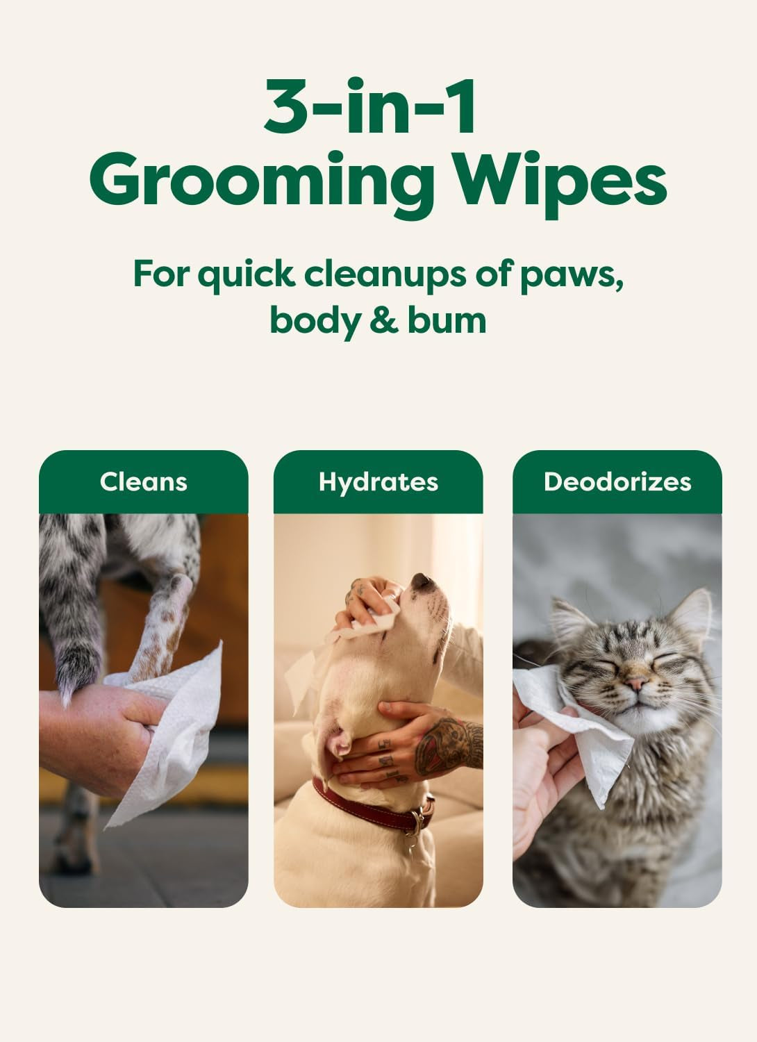 Pet Wipes for Dogs, Hypoallergenic, Cleaning and Hydrating, for Grooming Paws, Body and Bums, Unscented, 100 Count