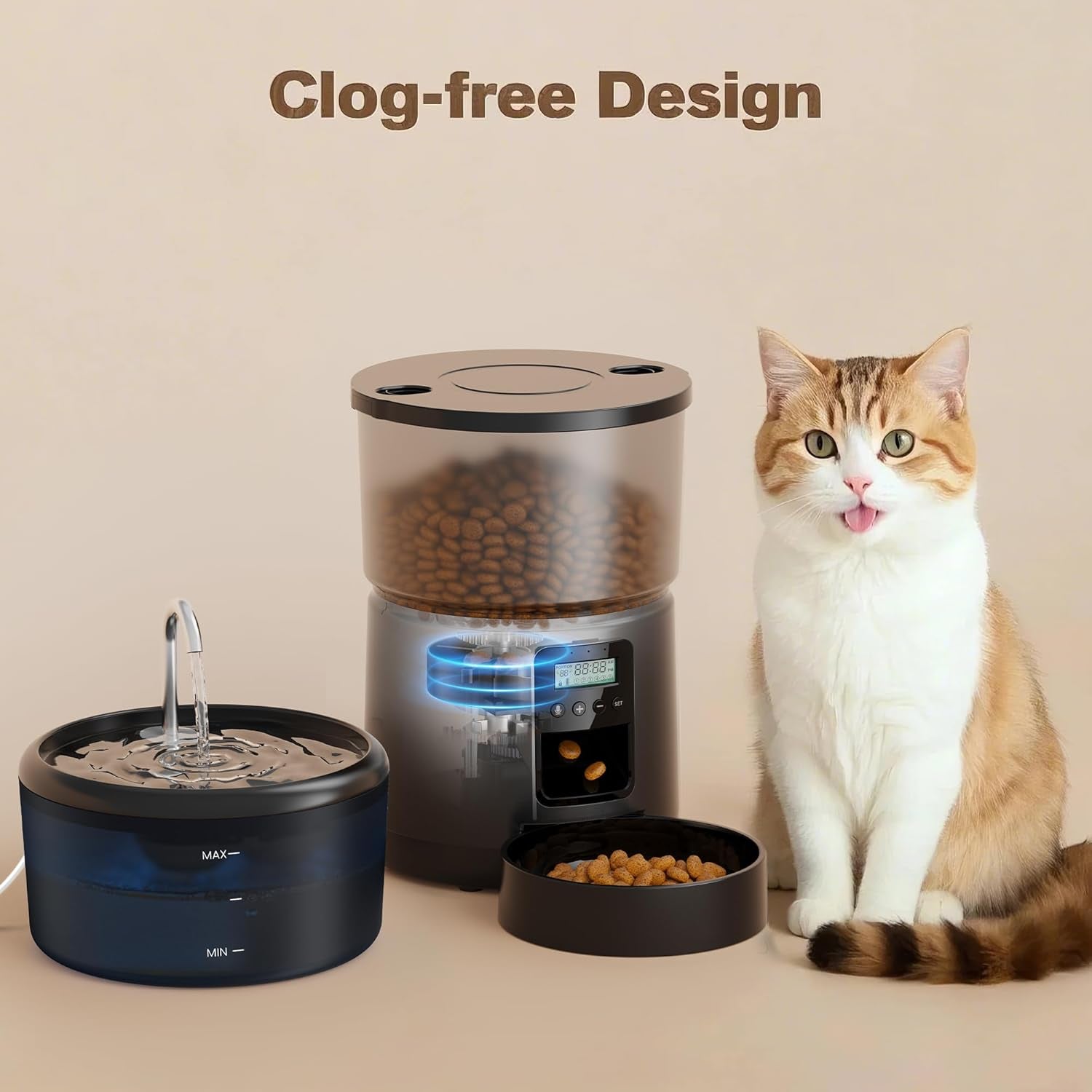 Automatic Cat Feeder and Water Fountain: Cat Food Dispenser with Timer and Pet Drinking Fountain Indoor, 3L Pet Feeder for Dry Food &2.4L Faucet Water Fountain Black, Auto Dog Bowl Programmable 6 Meal