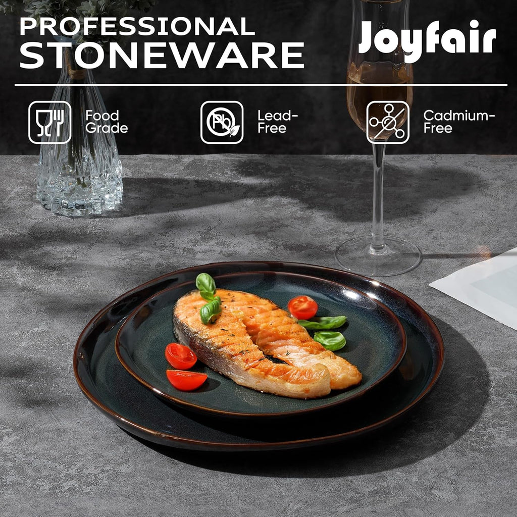 Joyfair Dinner Set, 12 Pieces Stoneware Dinnerware Set Service for 4, Reactive Glaze Irregular Shape Plates and Bowls, Chip & Scratch Resistant, Microwave & Dishwasher Safe, Blackish Green