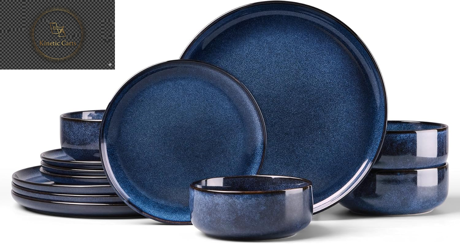 HaWare Dinner Set, 12 Piece Stoneware Dinnerware Service for 4, Reactive Glaze Dining Ware Include Plates and Bowls, Chip and Scratch Resistant, Microwave & Dishwasher Safe, Nebulas Blue