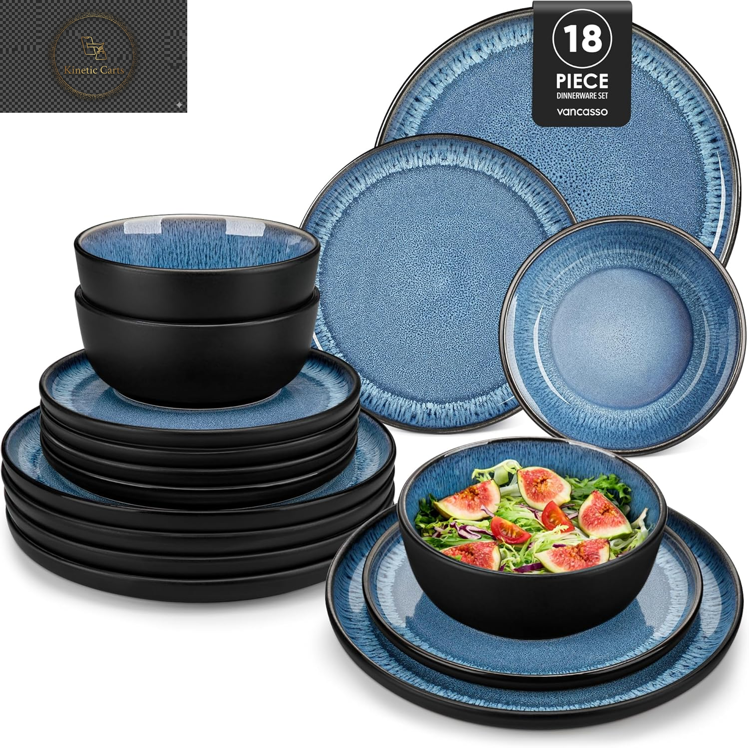  Vancasso Playa Series 24-Piece Dinner Set, Stoneware Plates and Bowls Set for 6, Mediterranean Style Crockery Set in Vibrant Blue, Playa Series Dinner Service Set, Dishwasher & Microwave Safe
