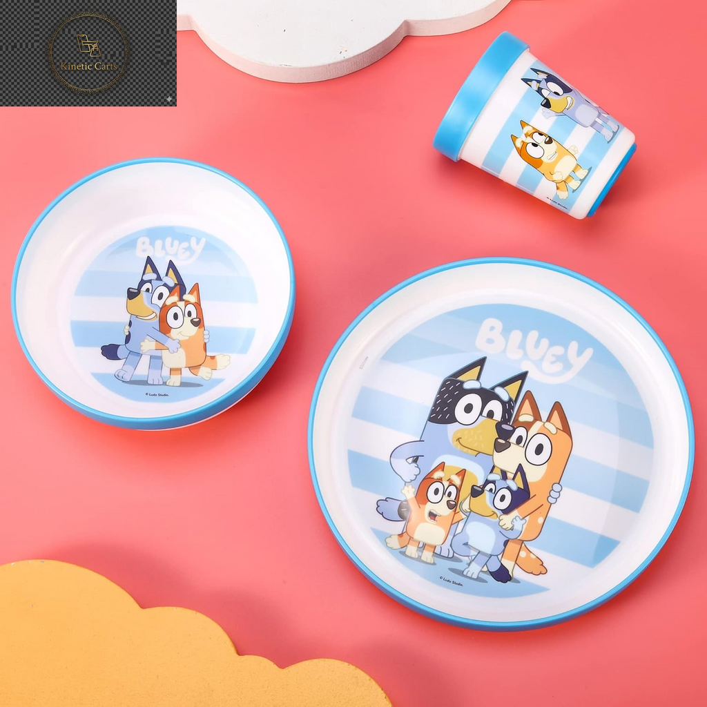 Bluey 3Pc Kids Dinner Set – Toddler Plates and Bowls Set with Kids Cup, Reusable Bicolor Premium Plastic Dinnerware Sets - Baby Plates, Baby Bowls, Toddler Cups, Children’S Mealtime Tableware