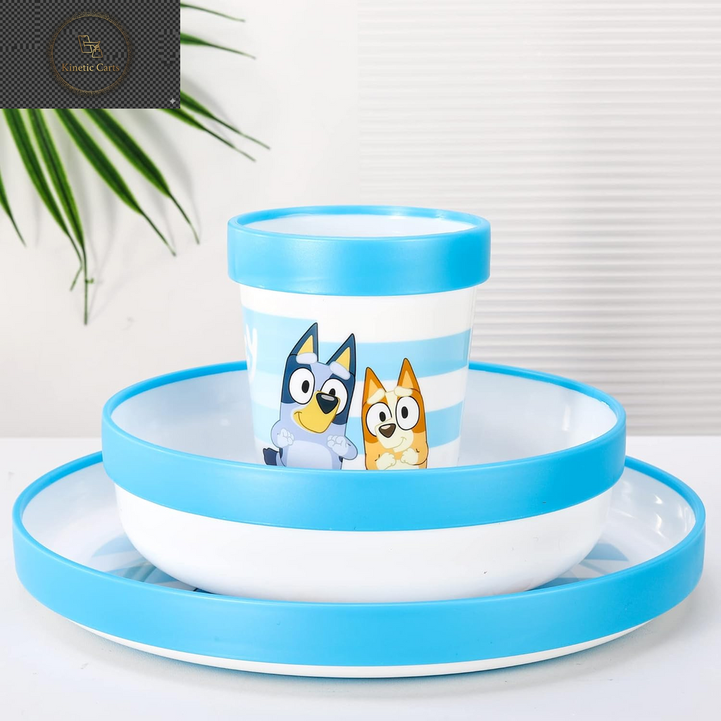 Bluey 3Pc Kids Dinner Set – Toddler Plates and Bowls Set with Kids Cup, Reusable Bicolor Premium Plastic Dinnerware Sets - Baby Plates, Baby Bowls, Toddler Cups, Children’S Mealtime Tableware