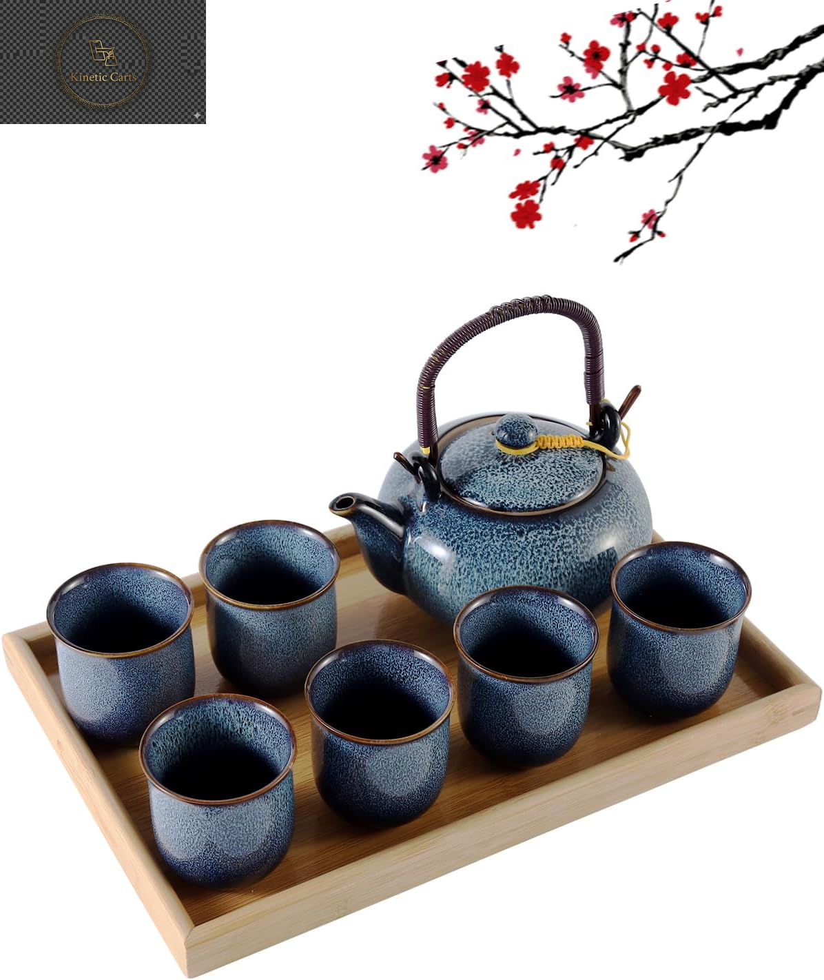 Japanese Tea Set, Black Porcelain Tea Set with 1 Teapot Set, 6 Tea Cups, 1 Tea Tray, 1 Stainless Infuser, Beautiful Asian Tea Set for Tea Lover/Women/Men (Countryside in Golden)