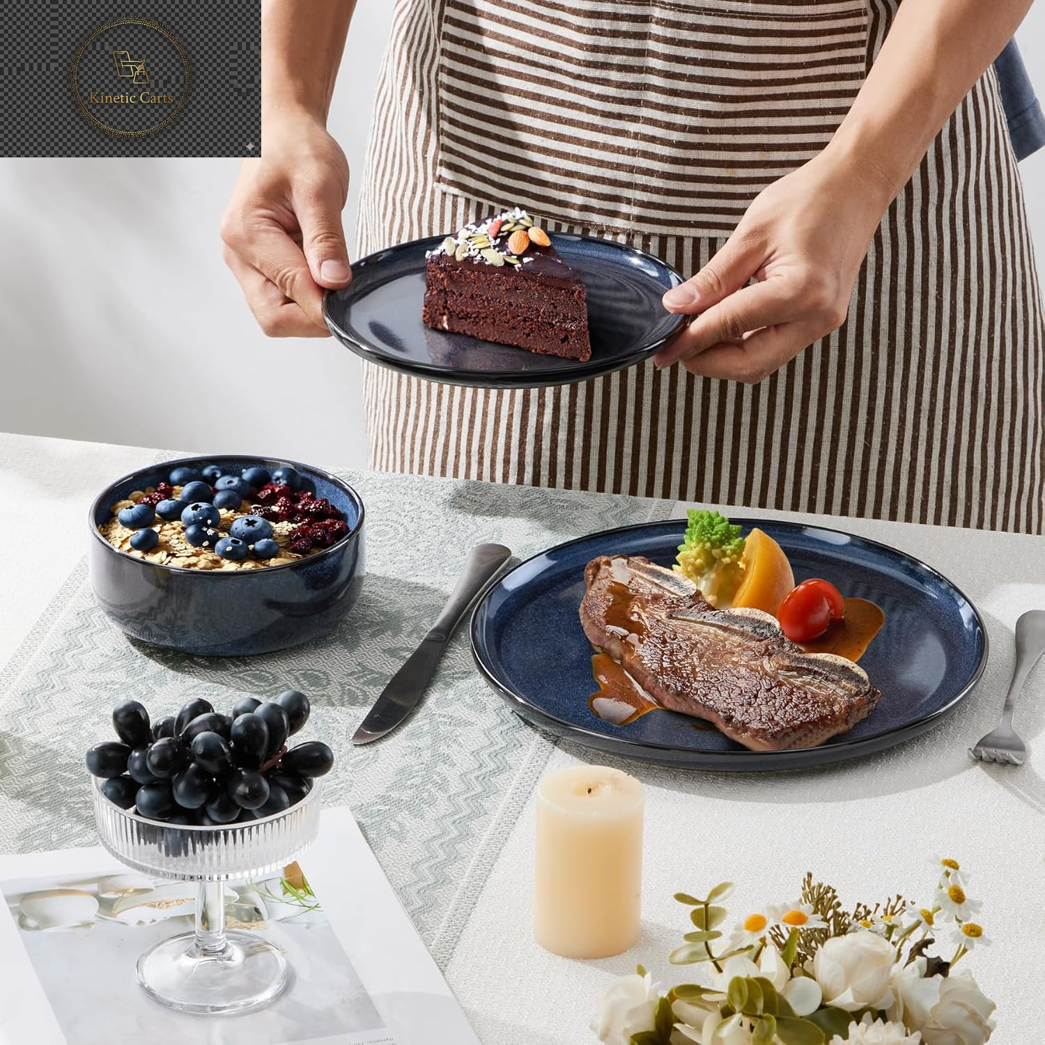 HaWare Dinner Set, 12 Piece Stoneware Dinnerware Service for 4, Reactive Glaze Dining Ware Include Plates and Bowls, Chip and Scratch Resistant, Microwave & Dishwasher Safe, Nebulas Blue