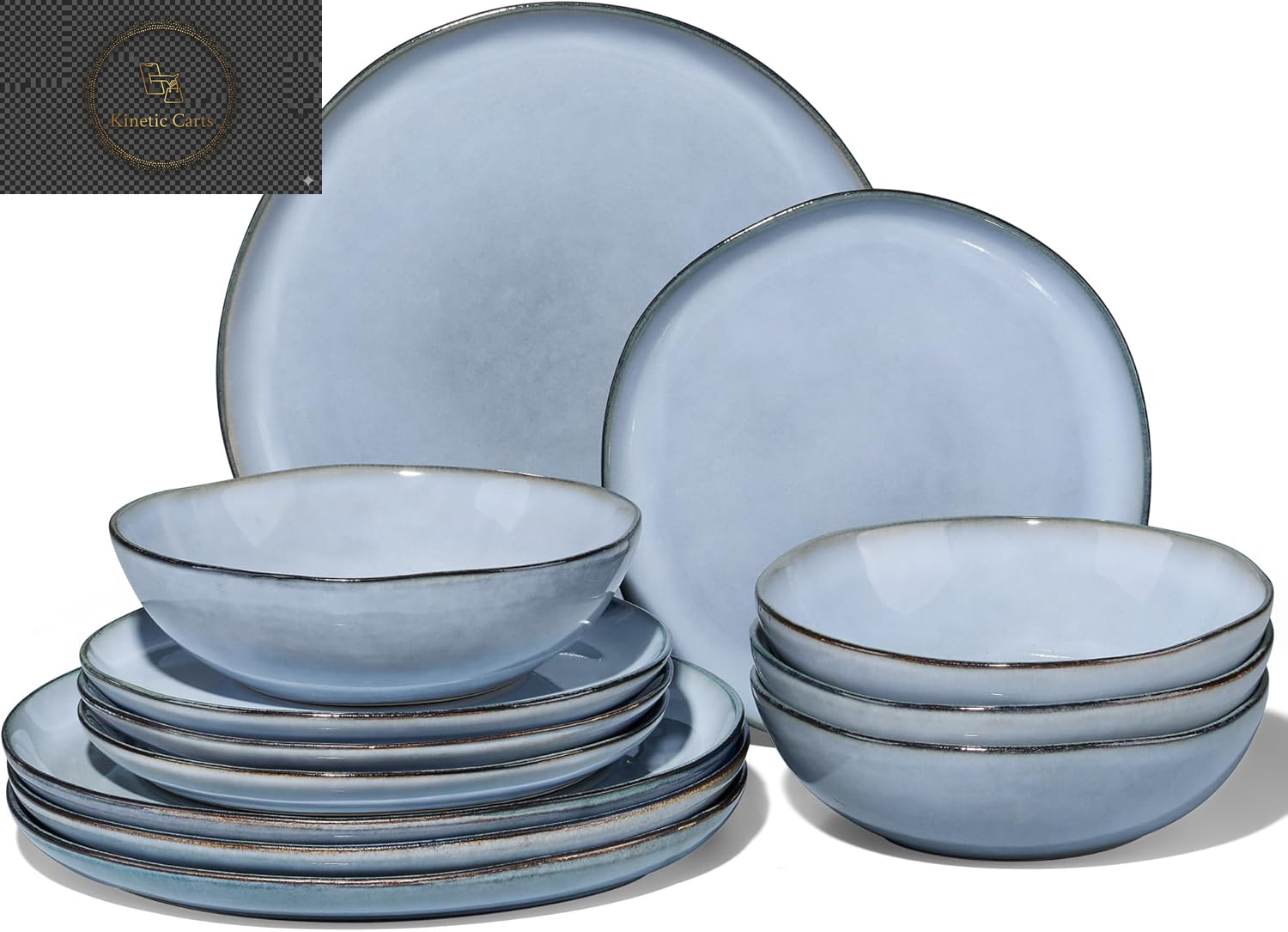Joyfair Dinner Set, 12 Pieces Stoneware Dinnerware Set Service for 4, Reactive Glaze Irregular Shape Plates and Bowls, Chip & Scratch Resistant, Microwave & Dishwasher Safe, Blackish Green